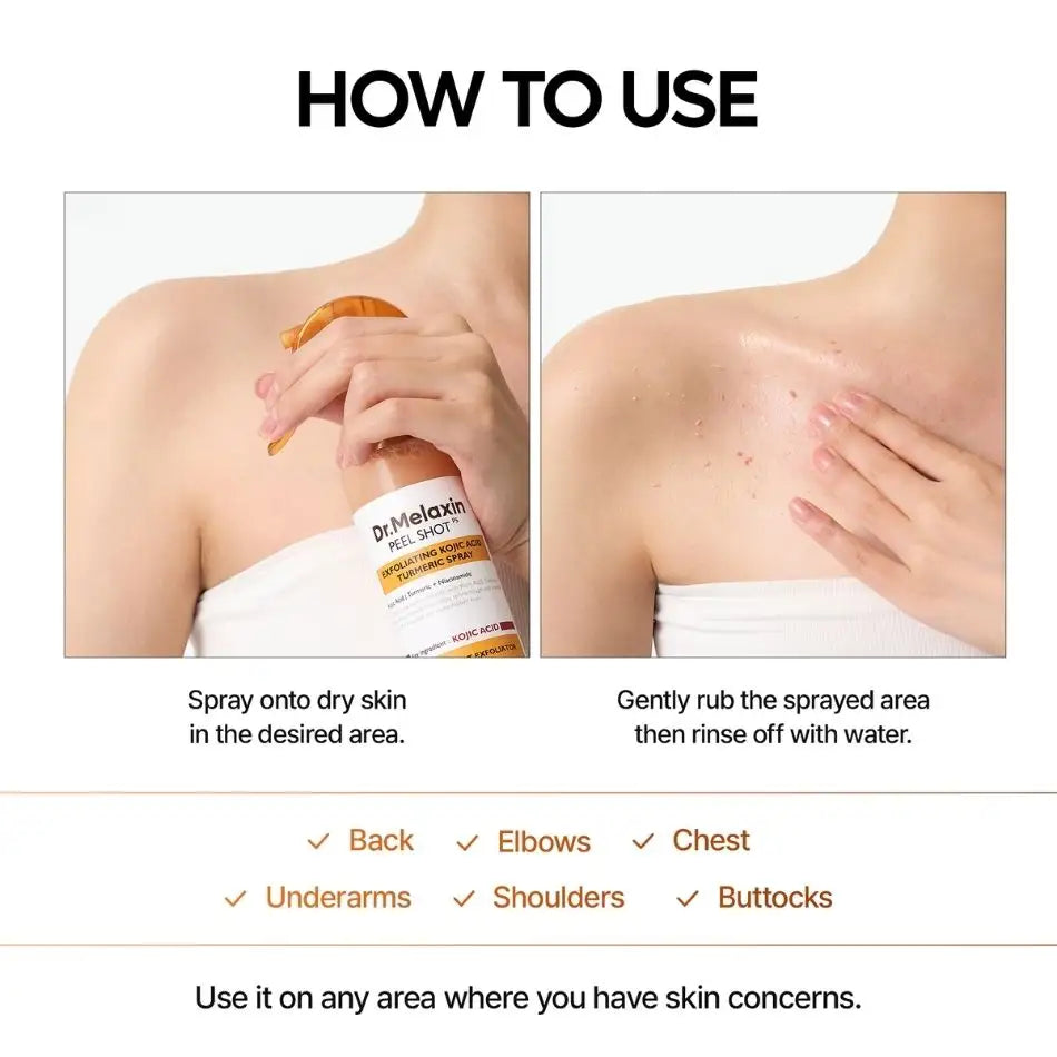 Dr.Melaxin Peel Shot Body Keratin Care Kojic Acid Turmeric Spray with AHA & PHA 200 ml